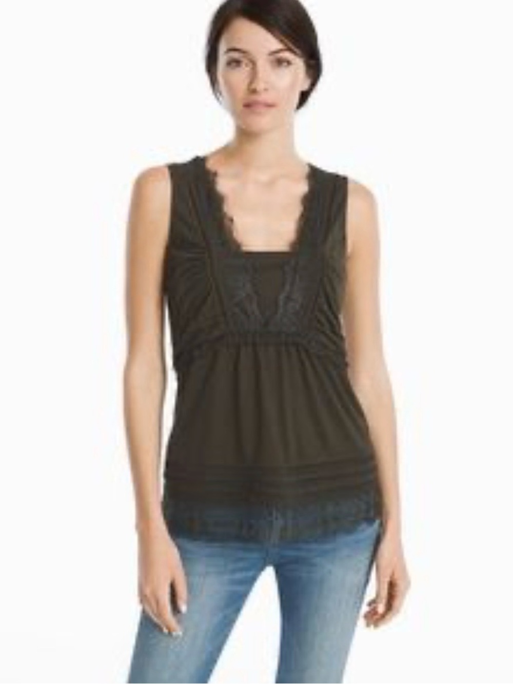 White House Black Market Olive Green Lace-Trim V-Neck Tank